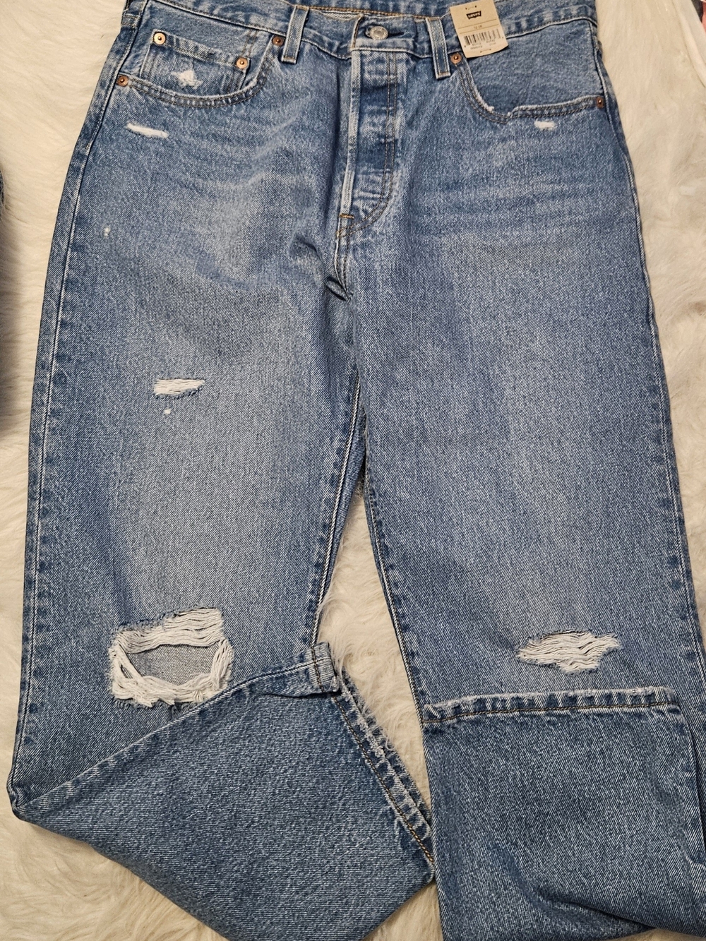 Levi's 501 Original Cropped Straight Leg Distressed Denim Jeans